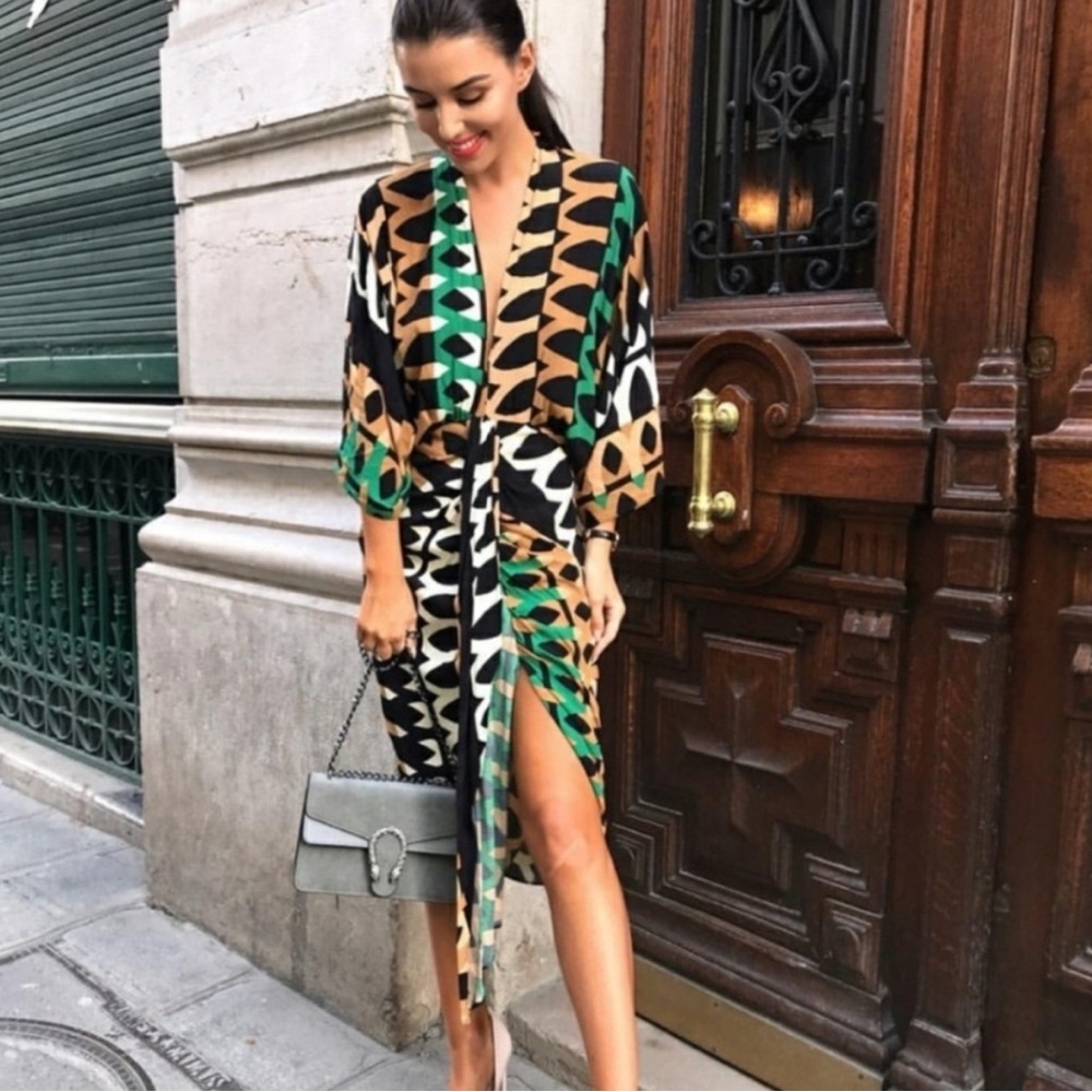 Zara Geometric Wrap Dress in Black, Green, Tan